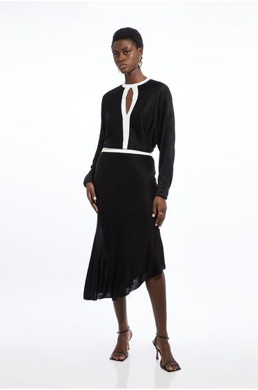 Viscose Blend Slinky Jacquard Asymmetric Knit Midi Dress