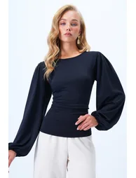 Women's Black Princess Sleeve Waist Corsage Sandy Blouse - 1