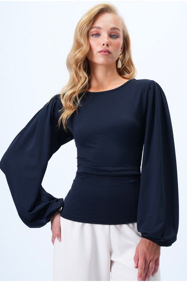 Women's Black Princess Sleeve Waist Corsage Sandy Blouse