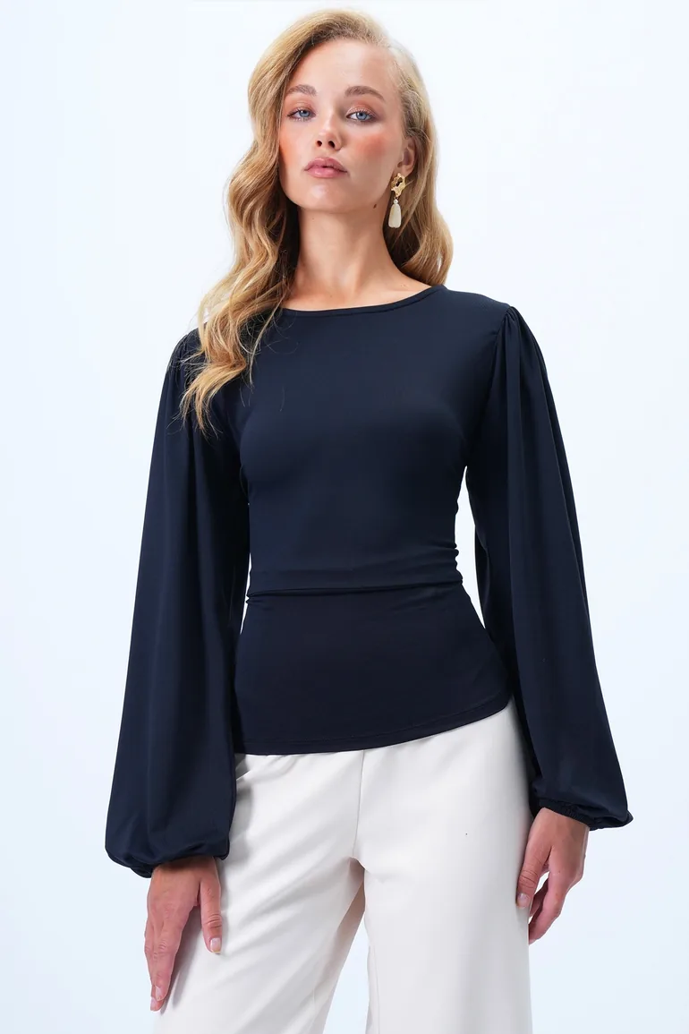 Women's Black Princess Sleeve Waist Corsage Sandy Blouse - 2