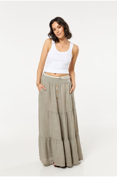 Taupe Linen Tiered Maxi Skirt With Belt