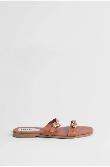 Bettie Faux Leather Double Buckle Strap Flat Sandals