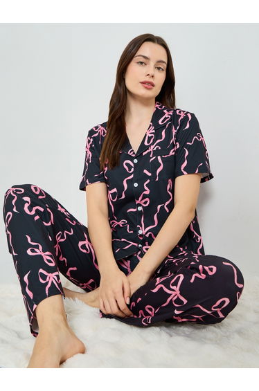 Women Bow Print Buttoned Shirt and Pyjama Set