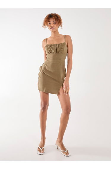 Linen Ruched Strappy Mini Dress