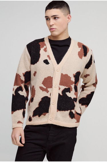 Relaxed Fit Brushed Cow Print Knitted Cardigan - brown