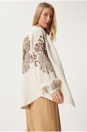 Women's Cream Brown Embroidered Linen Kimono