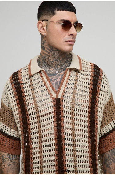 Tall Boxy Oversized Stripe Open Knit Polo - chocolate