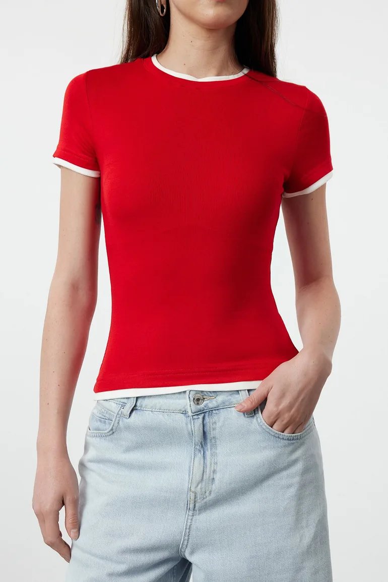 Red Viscose/Soft Fabric Color Block Fitted Flexible Knitted T-Shirt - 1