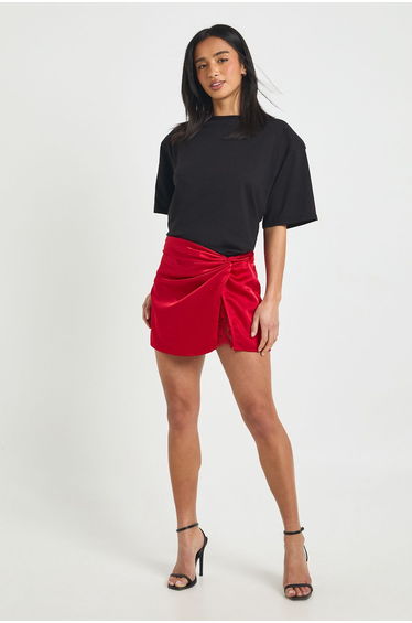 Petite Lace Insert Satin Mini Skirt - red