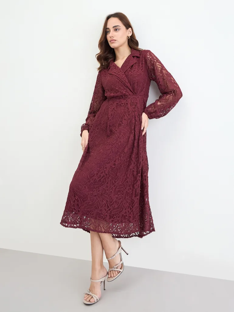 Burgundy Lace Wrap Midi Dress Styli Red : Evening Dresses : VogaCloset Oman