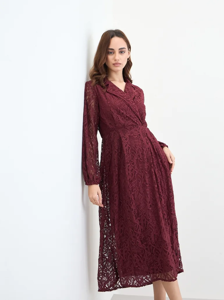 Burgundy Lace Wrap Midi Dress Styli Red : Evening Dresses : VogaCloset Oman Burgundy Lace Wrap Midi Dress Styli Red : Evening Dresses : VogaCloset Oman