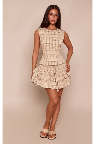 Petite Beige Gingham Sleeveless Fitted Shirt Co-ord