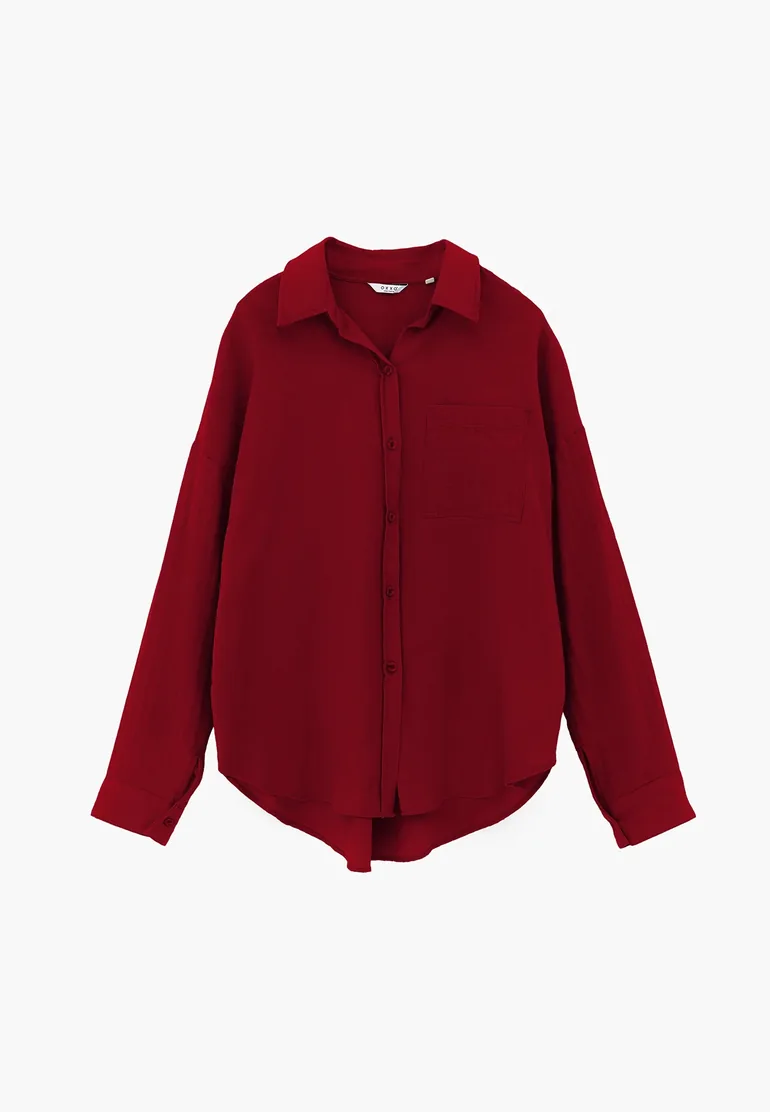 Oversize Long Sleeve Shirt With Pocket Detail - RUMBA RED - 5