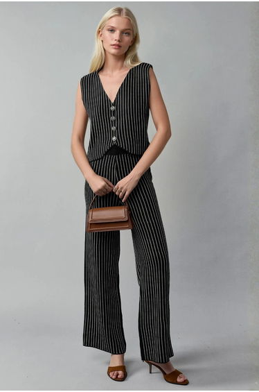 MY FASHION Striped Knit Co-Ord Set with V-Neck Vest and Wide Leg Pants