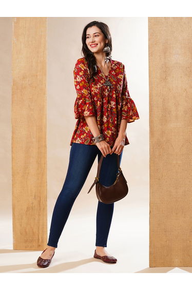 V Neck Bell Sleeves A-Line Aliya Cut Tunic