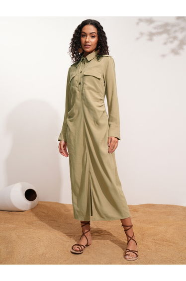 Solid Pocket Detail Shirt Collar A-Line Midi Dress