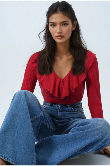 Women's Red V-Neck Flounce Soft Texture Blouse