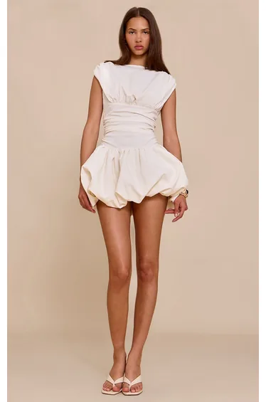 Cream Boat Neck Ruched Detail Puffball Dress