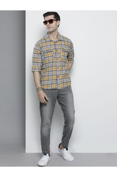 Men Grey Regular Fit Checked Shirt