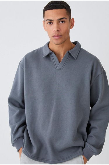 Oversized Revere Rugby Sweatshirt Polo - charcoal