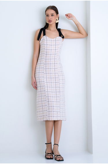 Women's Powder Lined Strap Zippered Tweed Midi Dress