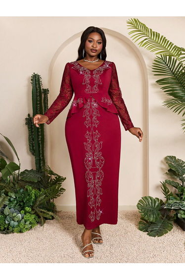 Leely Plus Women's Elegant V Neck Long Sleeve Party Dress