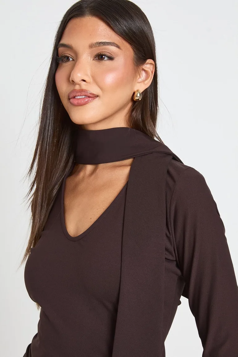 scarf bodycon dress Women's Taupe Draped Scarf Detail Bodycon Dress