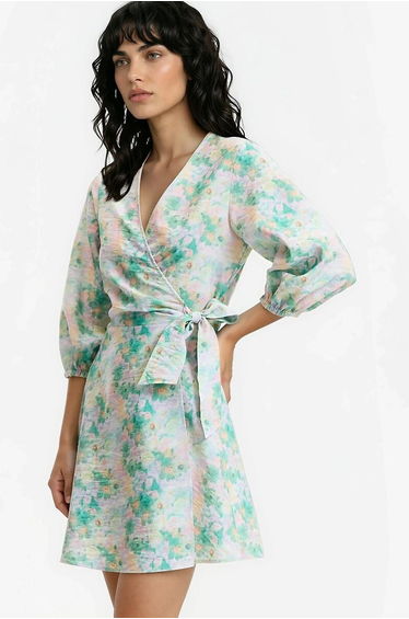 Floral Print 3/4 Length Sleeve Wrapover Mini Dress