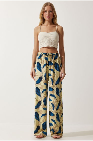 Women's Yellow Navy Blue High Waist Summer Loose Viscose Trousers