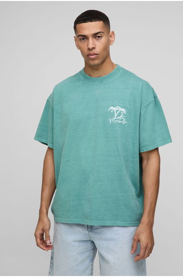 Oversized Extended Neck Line Drawn Marbella Graphic Washed T-Shirt - green