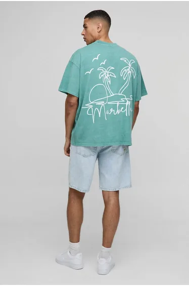 Oversized Extended Neck Line Drawn Marbella Graphic Washed T-Shirt - green