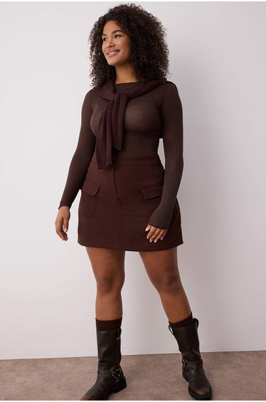 Brown Pocket Pencil Double Fabric Plus Size Skirt