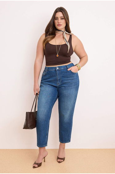 Blue High Waist Elastic Waist 100% Cotton Plus Size Mom Jeans
