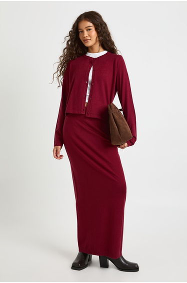 Rib Knit Maxi Skirt - burgundy