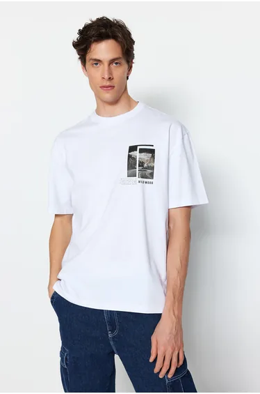 White Men's Relaxed Fit Crew Neck Short Sleeve Landscape Printed T-Shirt