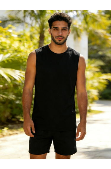 Men Black Solid Round Neck Tank and Shorts Co-Ords