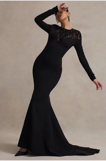 Campbell | Black Long-Sleeve Maxi Dress With Lace Detail