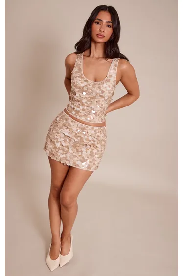 Petite Beige Sequin Scoop Neck Vest