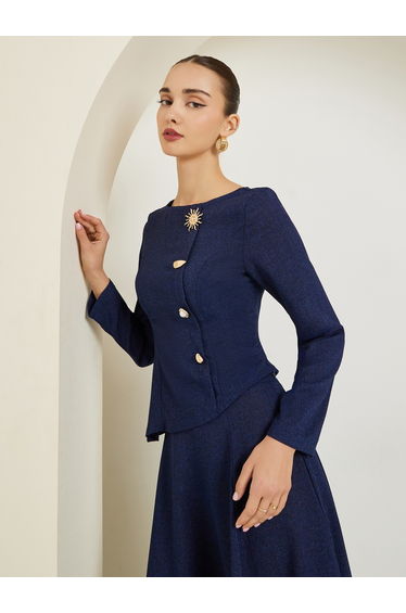 Navy Blue Embellished Button Tweed Top