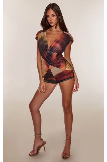 Orange Abstract Print Mesh Hot Pants Co-ord