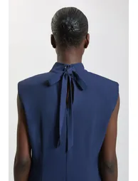 High Neck Tie Detail Asymmetric Midi Dress - 1