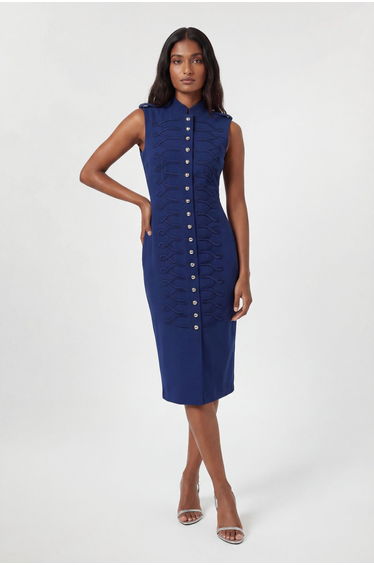 Petite Compact Stretch Button Detail Straight Pencil Dress