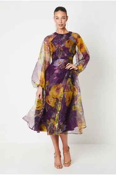 Organza Wrap Waist Puff Sleeve Midi Dress