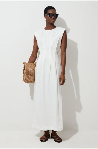 Viscose Linen Woven Pintuck Midi Dress