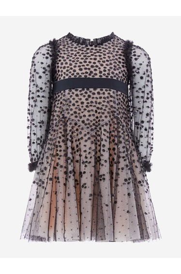 Girls Dappled Sequin Long Sleeve Dress in Black