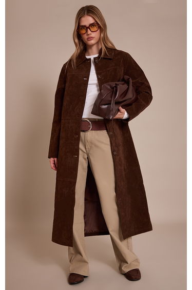 Chocolate Suede Longline Button Coat
