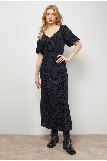 Devore Puff Sleeve Midi Dress