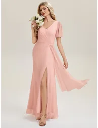 Short Sleeve Ruffle Deep V-Neck High Stretch A-Line Floor Length Bridesmaid Dresses