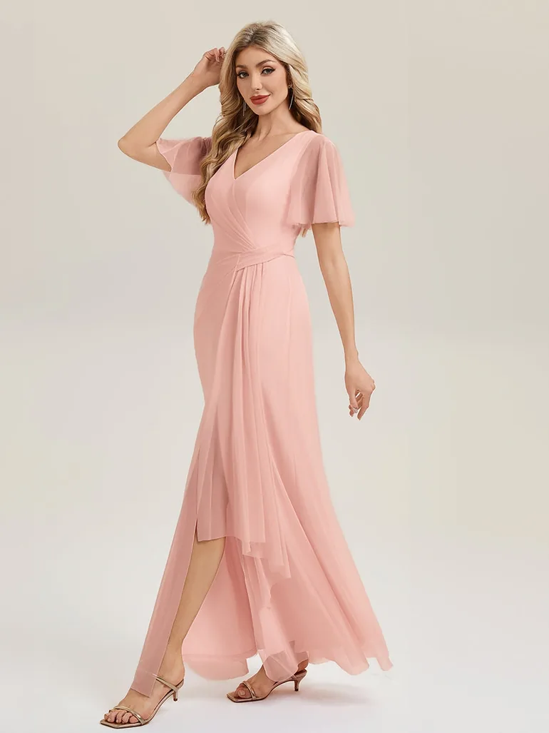 Short Sleeve Ruffle Deep V-Neck High Stretch A-Line Floor Length Bridesmaid Dresses - 3