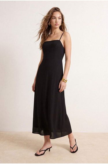 Black Plain Straight Cut Gipel Maxi Woven Dress
